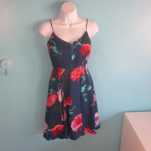 Banana Republic Womens Size XS Strappy Blue Nylon Linen Floral Dress Rear Zipper - Picture 5 of 12